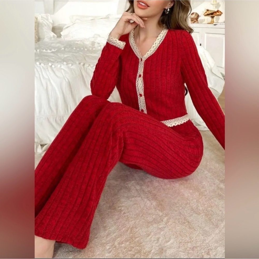 The NEW Boutique Red Pajama Set with Cream Accents